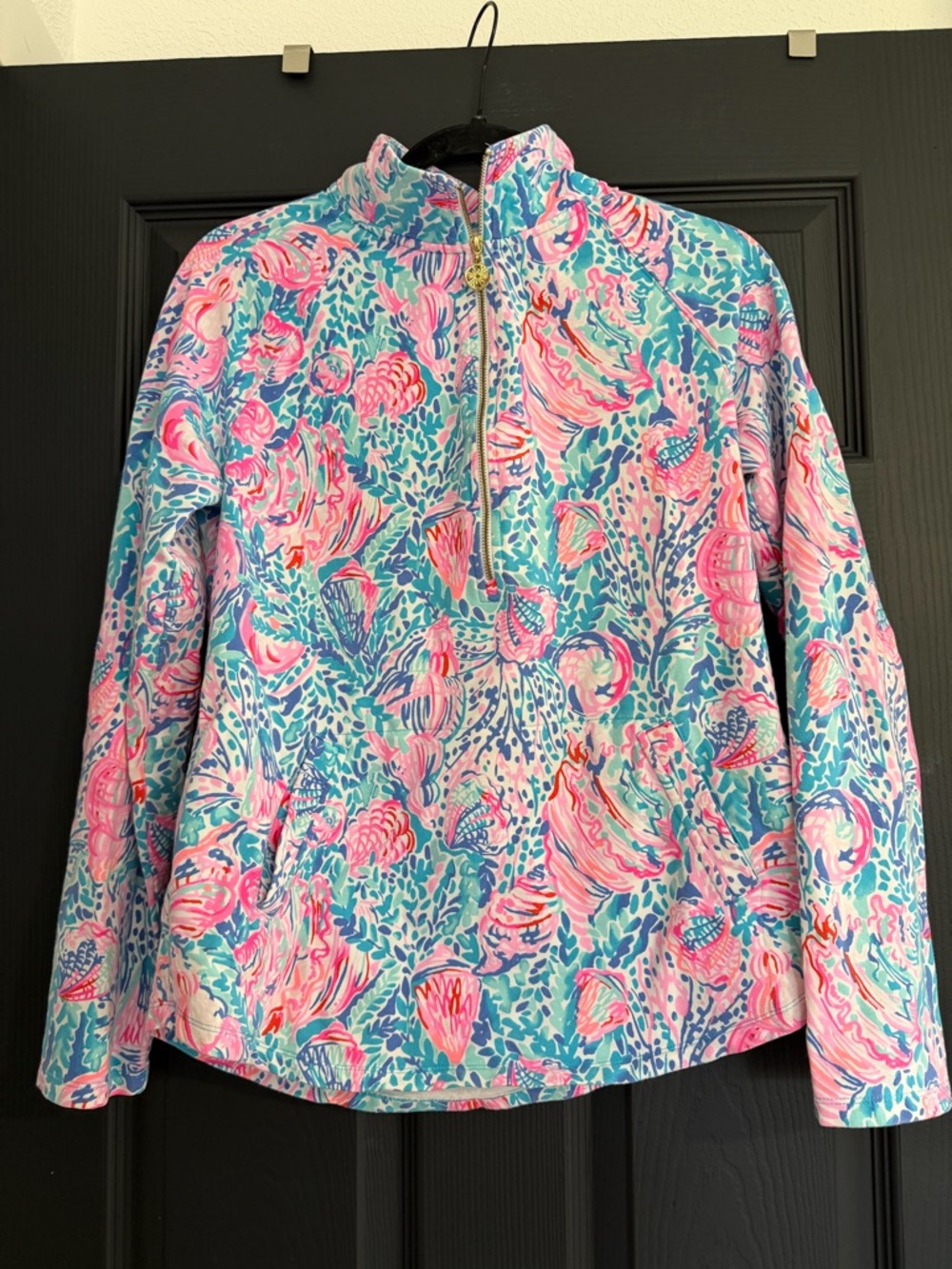 Lilly Pulitzer UPF 50+ Skipper Popover Pink Coral and Aqua Shell-Print